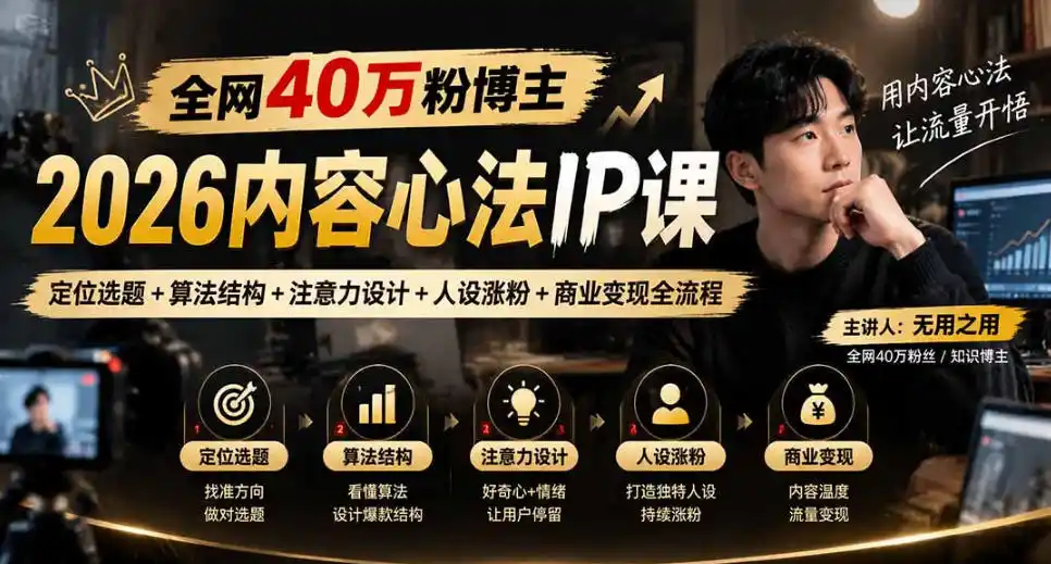 【无水印】全网40W粉博主的2026内容心法IP课，定位选题+算法结构+注意力设计+人设涨粉+商业变现全流程-翻身路网创
