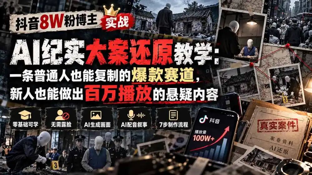 抖音8W粉博主AI纪实大案还原教学：一条普通人也能复制的爆款赛道，新人也能做出百万播放的悬疑内容-翻身路网创
