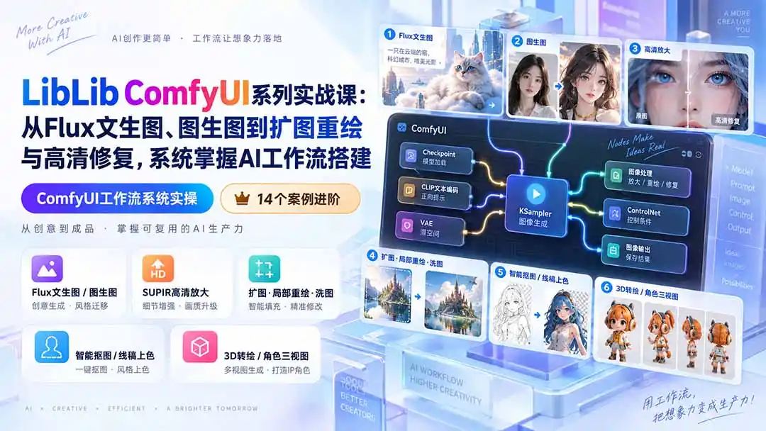 LibLib ComfyUI系列实战课：从Flux文生图、图生图到扩图重绘与高清修复，系统掌握AI工作流搭建-翻身路网创