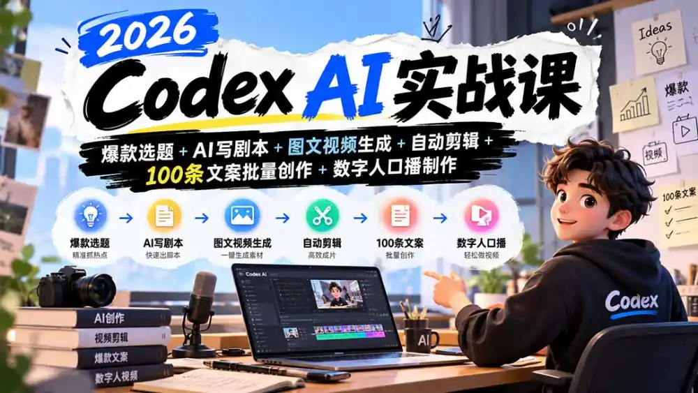 2026Codex AI实战课：爆款选题+AI写剧本+图文视频生成+自动剪辑+100条文案批量创作+数字人口播制作-翻身路网创