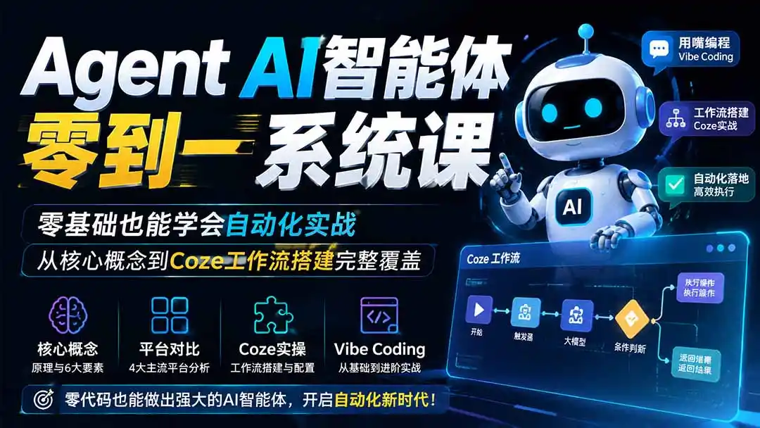Agent AI智能体零到一系统课;零基础也能学会自动化实战,从核心概念到Coze工作流搭建完整覆盖-翻身路网创