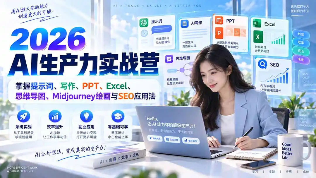 2026AI生产力实战营：掌握提示词、写作、PPT、Excel、思维导图、Midjourney绘画与SEO应用法-翻身路网创
