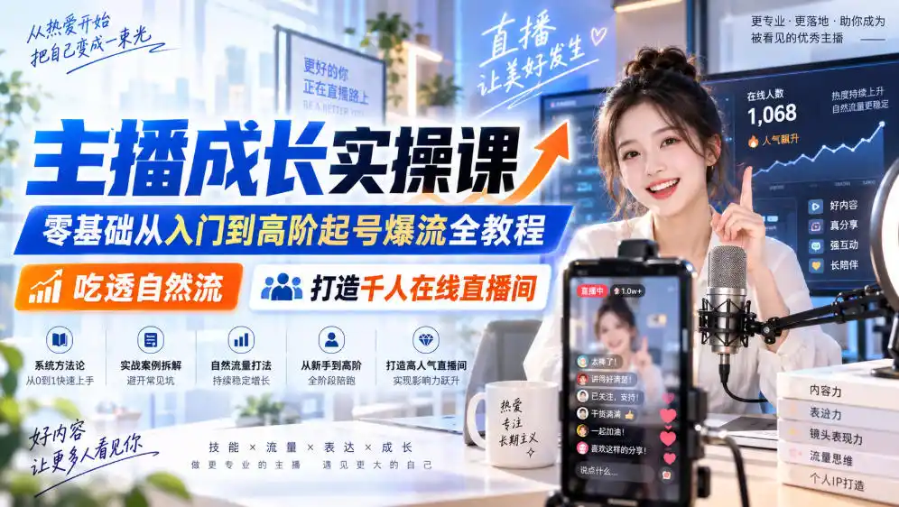 主播成长实操课｜零基础从入门到高阶起号爆流全教程，吃透自然流，打造千人在线直播间-翻身路网创