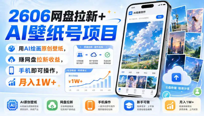 2606网盘拉新+AI壁纸号项目，用AI绘画原创壁纸，賺网盘拉新收益，手机即可操作，月入1W+-翻身路网创