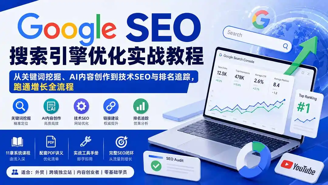 Google SEO搜索引擎优化实战教程：从关键词挖掘、AI内容创作到技术SEO与排名追踪，跑通增长全流程-翻身路网创