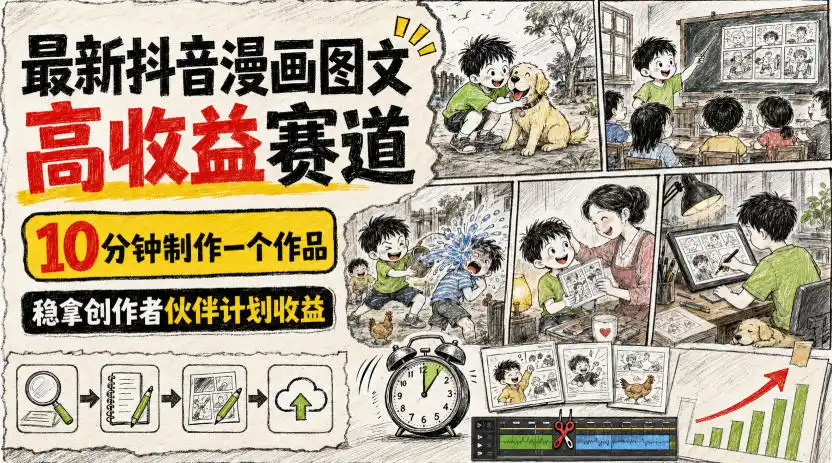 最新抖音漫画图文高收益赛道，10分钟制作一个作品，稳拿创作者伙伴计划收益-翻身路网创