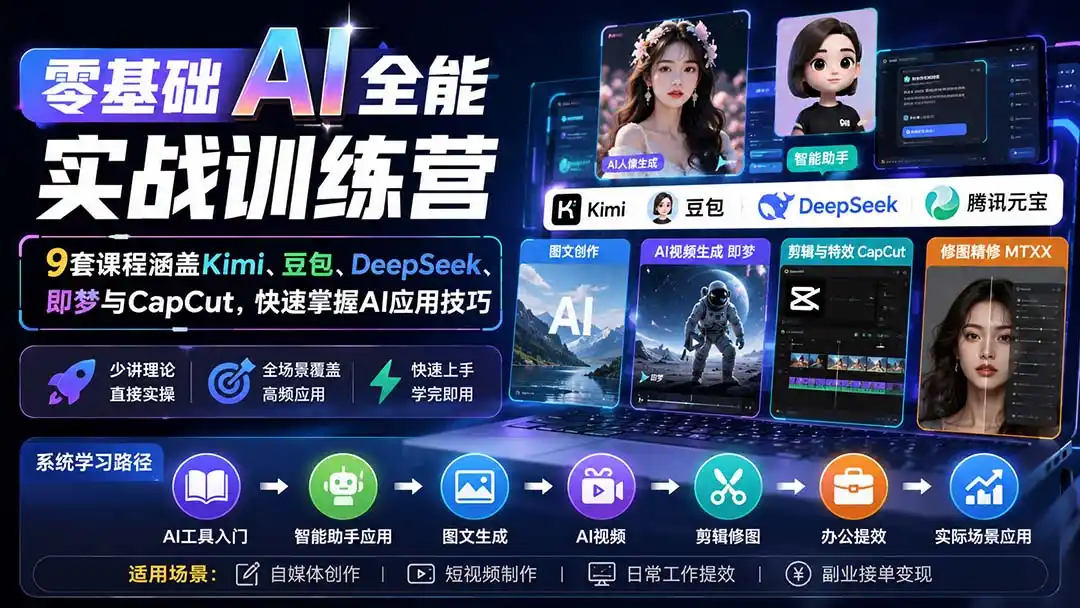零基础AI全能实战训练营：9套课程涵盖Kimi、豆包、DeepSeek、即梦与CapCut，快速掌握AI应用技巧-翻身路网创