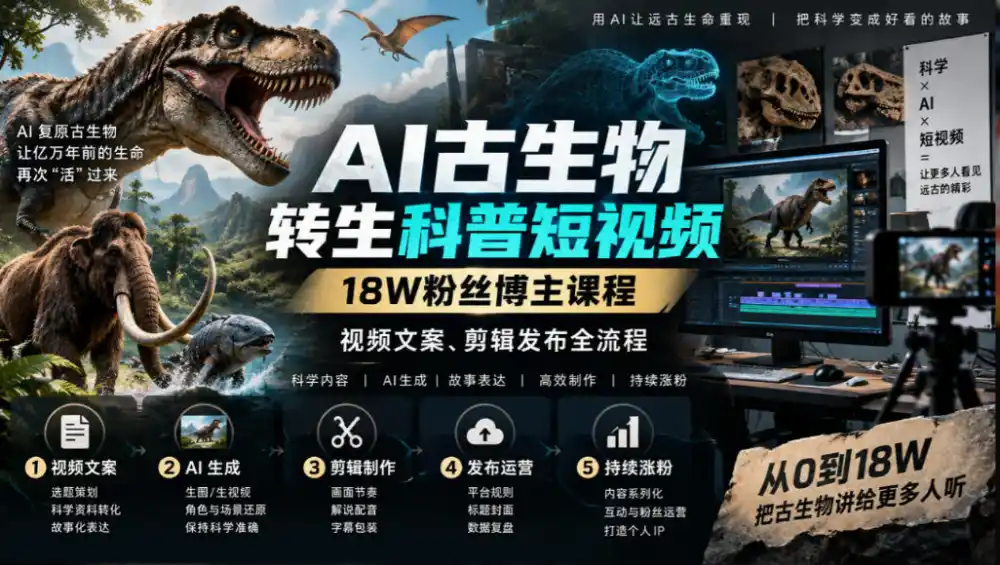 AI古生物转生科普短视频，18W粉丝博主课程，视频文案、剪辑发布全流程-翻身路网创