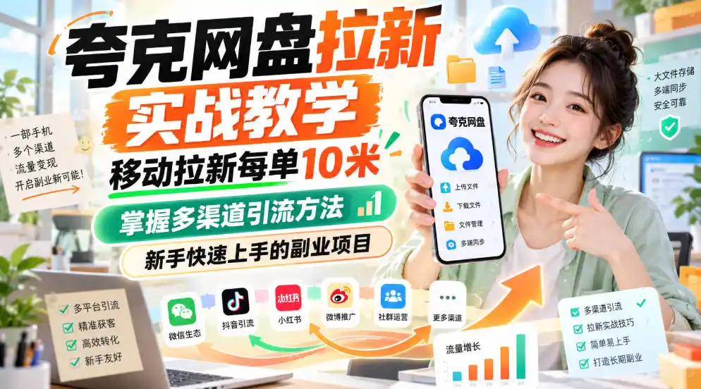 夸克网盘拉新实战教学，移动拉新每单10米，掌握多渠道引流方法，新手快速上手的副业项目(更新1017)-翻身路网创