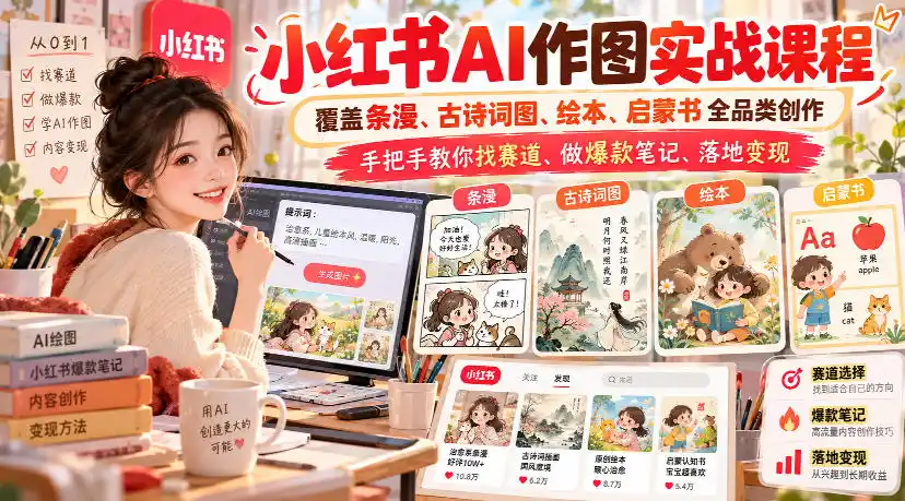 小红书AI作图实战课程，覆盖条漫、古诗词图、绘本、启蒙书全品类创作，手把手教你找赛道、做爆款笔记、落地变现(更新1017)-翻身路网创