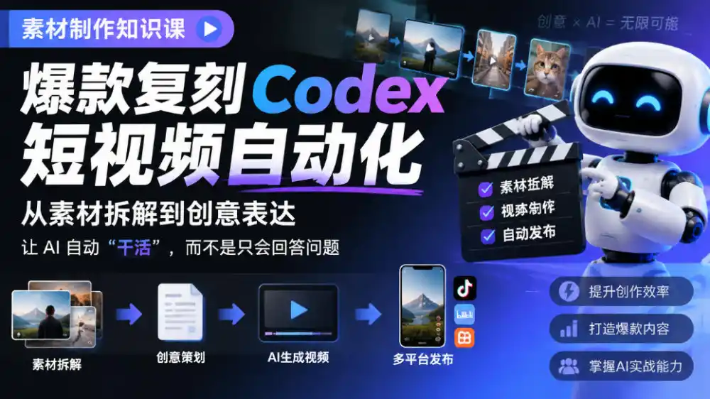 素材制作知识课，爆款复刻Codex短视频自动化，从素材拆解到创意表达，让AI自动“干活”，而不是只会回答问题
