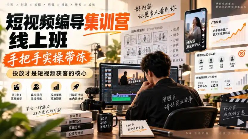 短视频编导集训营线上班,手把手实操带冻,投放才是短视频获客的核心