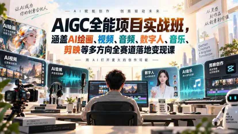 AIGC全能项目实战班,涵盖AI绘画、视频、音频、数字人、音乐、剪映等多方向全赛道落地变现课