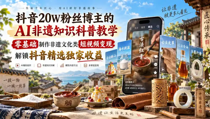 抖音20W粉丝博主的AI非遗知识科普教学,零基础制作非遗文化类短视频变现,解锁抖音精选独家收益