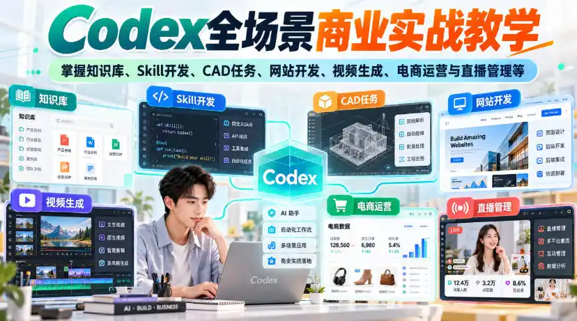 Codex全场景商业实战教学，掌握知识库、Skill开发、CAD任务、网站开发、视频生成、电商运营与直播管理等(更新1010)-翻身路网创
