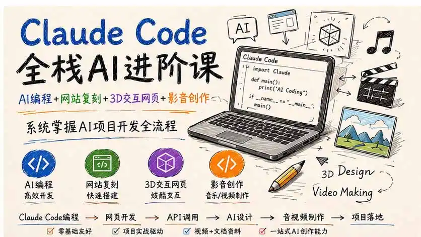 Claude Code全栈AI进阶课-更新；AI编程+网站复刻+3D交互网页+影音创作，系统掌握AI项目开发全流程-翻身路网创