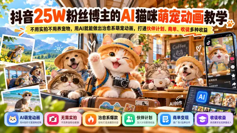抖音25W粉丝博主的AI猫咪萌宠动画教学,不用实拍不用养宠物,用AI就能做出治愈系萌宠动画,打通伙伴计划、商单、收徒多种收益