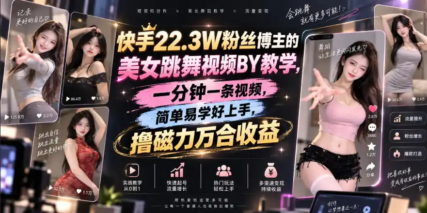 快手22.3W粉丝博主的美女跳舞视频搬运教学，快手MT搬运，一分钟一条视频，简单易学好上手，撸磁力万合收益