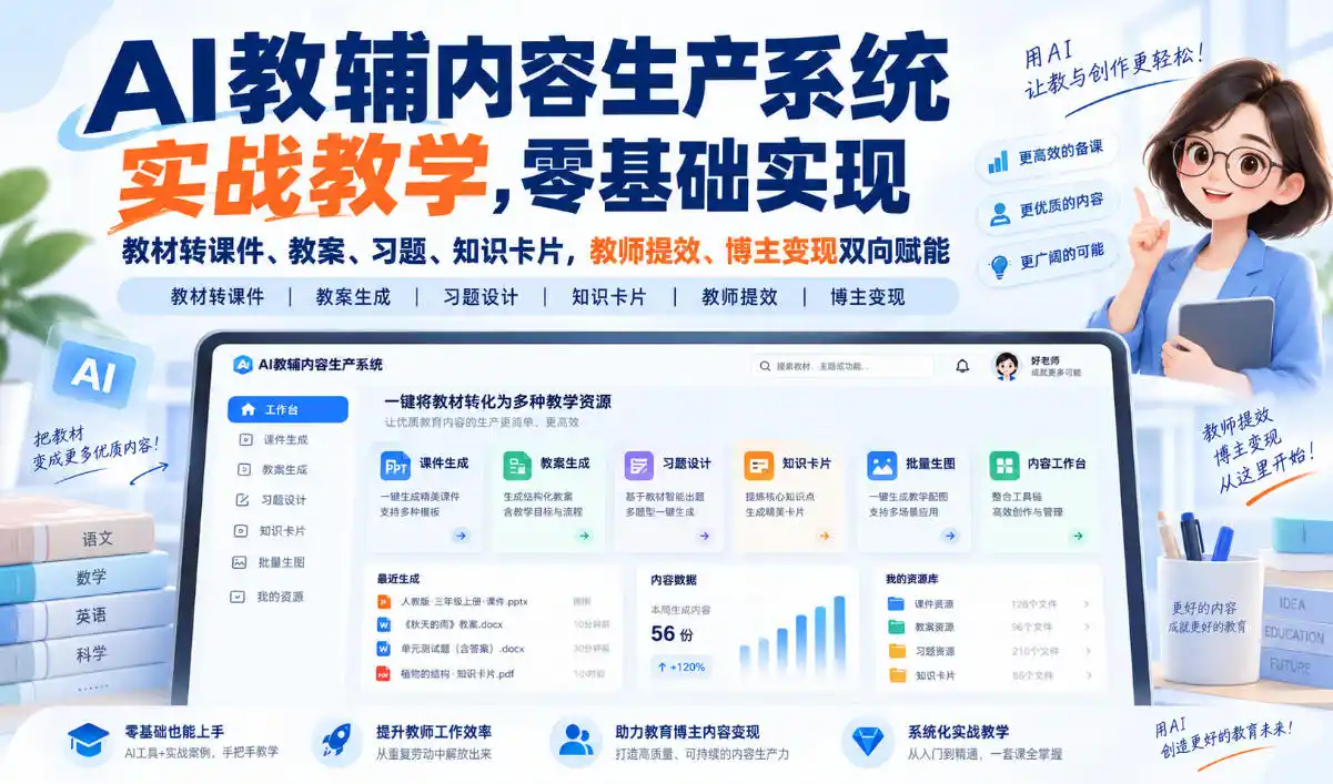 【无水印】AI教辅内容生产系统实战教学，零基础实现教材转课件、教案、习题、知识卡片，教师提效、博主变现双向赋能(更新0926)-翻身路网创