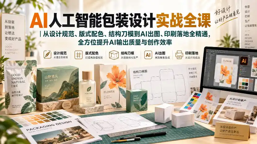 AI人工智能包装设计实战全课|从设计规范、版式配色、结构刀模到AI出图、印刷落地全精通
