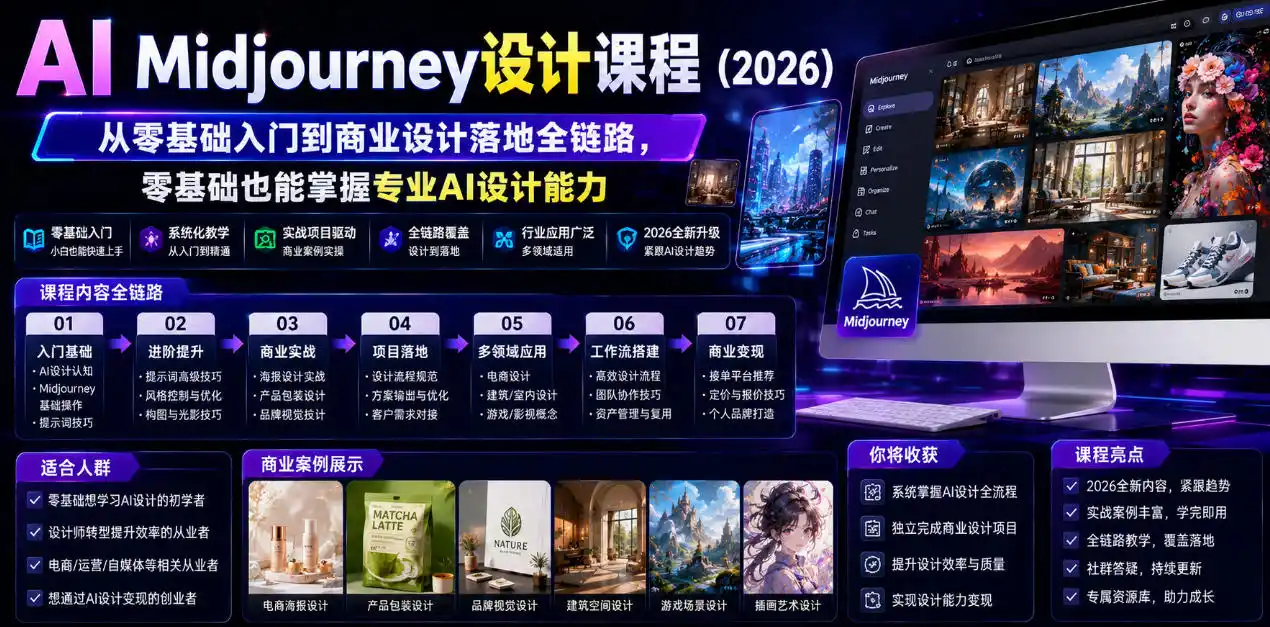 AI Midjourney设计课程(2026)，从零基础入门到商业设计落地全链路，零基础也能掌握专业AI设计能力(更新1007)-翻身路网创