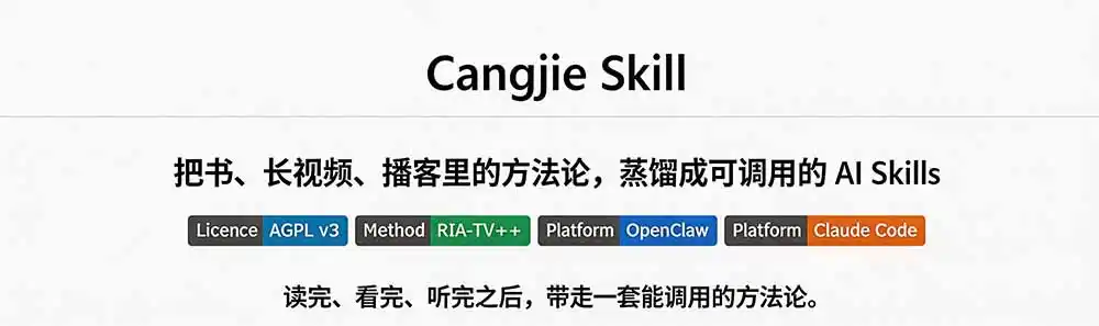 图片[1]-全网走红！GitHub上6.7K Star的开源项目，把任何书、长视频、播客蒸馏成AI工具，值得收藏 cangjie-skill-翻身路网创
