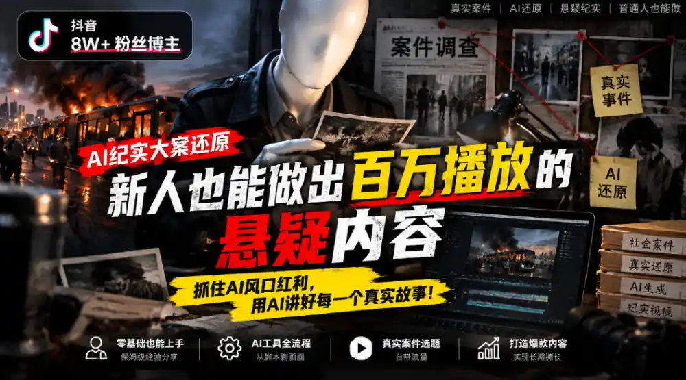 抖音8W粉丝博主的AI纪实大案还原教学，新人也能做出百W播放的悬疑内容，抓住AI风口红利，用AI讲好每一个真实故事(更新1014)-翻身路网创